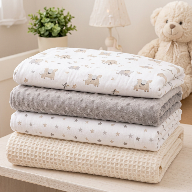 Mantas para bebé dobladas en blanco, gris y crema