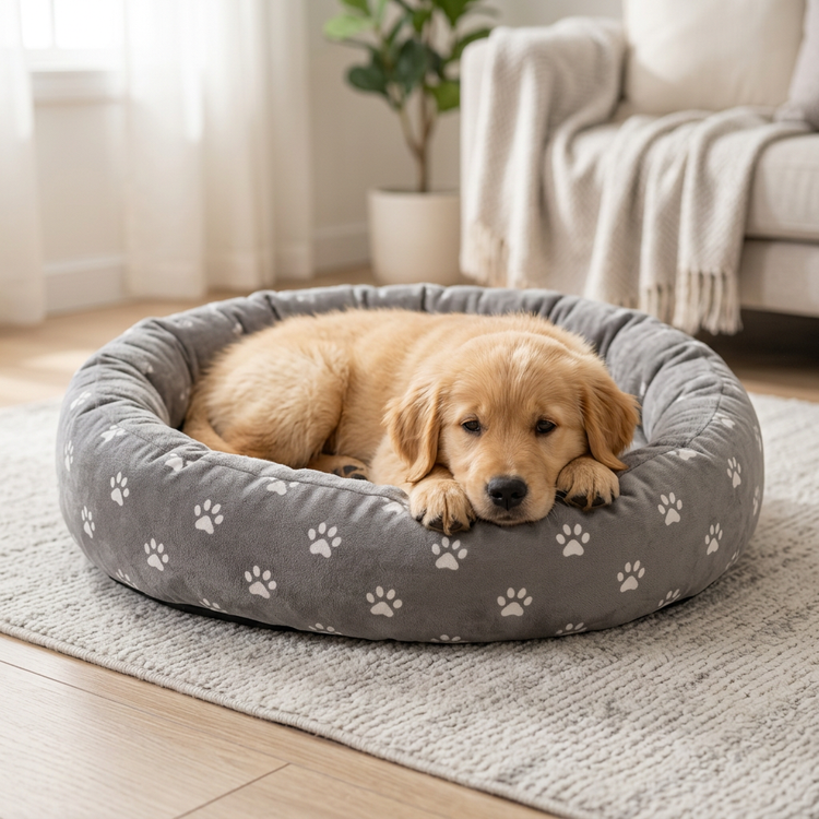 Cachorro descansando en una cama redonda gris con huellitas